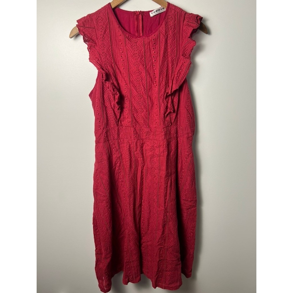 ECOWISH Dress Knee Wm LG Red Eyelet Ruffle Sleeve Cotton Summer Boho Cottagecore